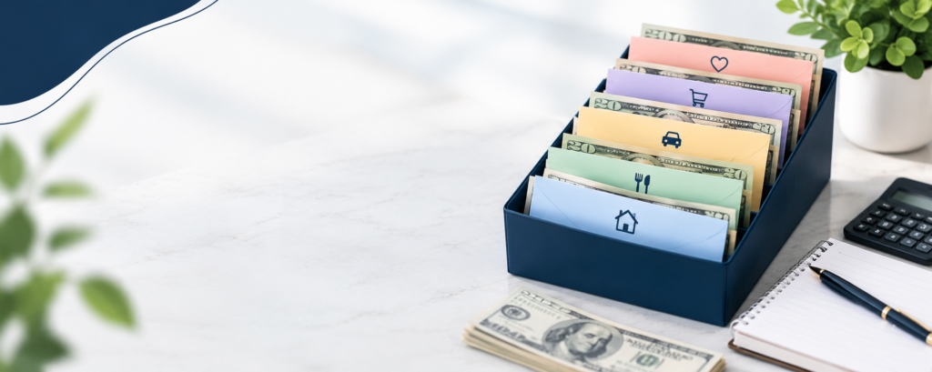 Cash stuffing envelopes in a navy organizer box, each color-coded with a category icon and holding $20 bills